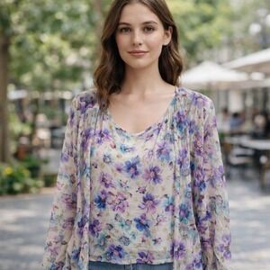 Floral Print Tunic Top Blouse Women's M